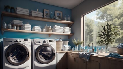 Modern Laundry Room With Washing Machine And Shelving Unit. Generative AI