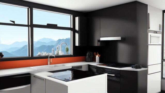 Modern Kitchen 3d Design With A Dark Matte Finish. Generative AI