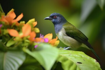 Obraz premium a bird perched on a flower, surrounded by lush greenery, created with generative ai