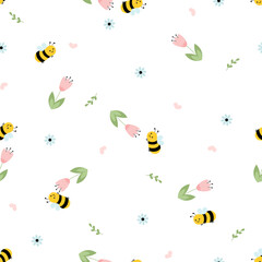 Seamless pattern with tulip flower, hearts and flying bee cartoon on white background vector illustration. Cute childish print.