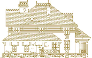 Vector sketch of a 2-storey stately vintage classic house made of natural stone