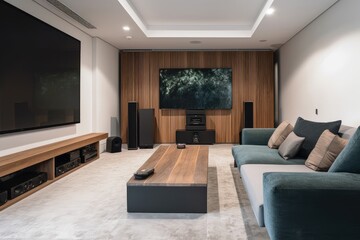 a living room with a widescreen tv and sleek audio system, ready for a video conference or stream, created with generative ai