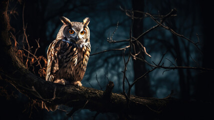 Fototapeta na wymiar An owl sitting on a tree branch in the forest at night, generative AI illustration