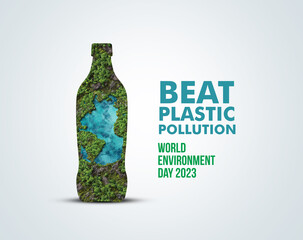 #BeatPlasticPollution, World Environment day concept 2023 tree background. Happy Environment day, 05 June. World map with Environment day text 3d background illustration.  - obrazy, fototapety, plakaty