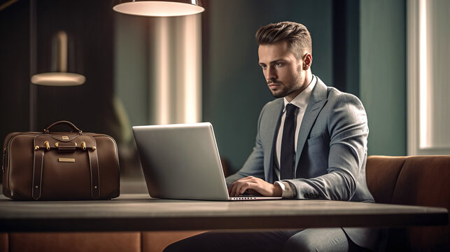 Elegant businessman in a grey suit working on a laptop with a stylish leather bag, generative AI illustration