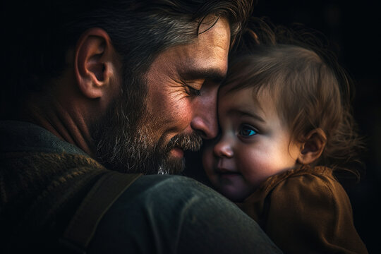 A bearded father embracing and hugging his child, fatherly love, generative AI illustration