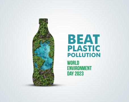 #BeatPlasticPollution, World Environment day concept 2023 tree background. Happy Environment day, 05 June. World map with Environment day text 3d background illustration. 