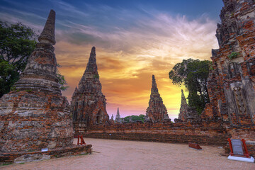 Naklejka premium Ayutthaya Historical Park, ancient and beautiful temple in Ayutthaya period (Wat Chaiwatthanaram), Thailand