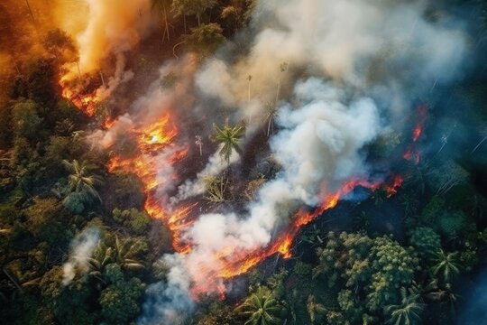 Aerial view wildfire in woods, draught and hot weather. AI Generated