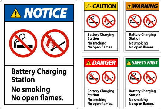 Danger Sign Battery Charging Station, No Smoking, No Open Flames