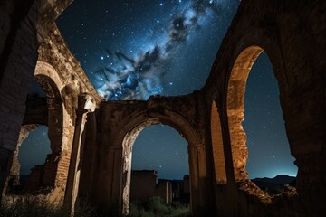 ancient ruins, with view of the night sky and stars, showing the passage of time, created with generative ai