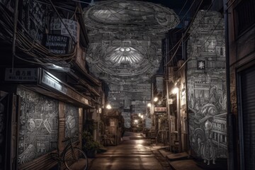 extraterrestrial art piece featuring intricate pattern and symbols in the streets of futuristic city, created with generative ai