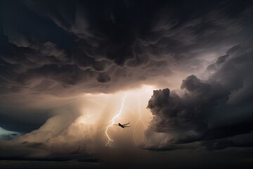 Fototapeta premium storm chaser flying through thunderstorm, capturing dramatic storm clouds and lightning, created with generative ai
