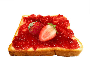 Fresh strawberry on slice of bread with strawberry jam, transparent background