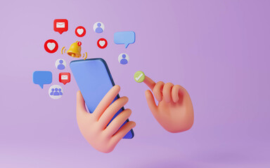 3D Cartoon hand holding smartphone using social media concept, Social media with network connection or online shopping business, 3D render illustration