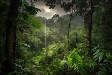 Obraz premium lush jungle with thunderstorm overhead and lightning strikes, created with generative ai