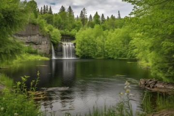 scenic landscape with forest, lake, and waterfall in the background, created with generative ai