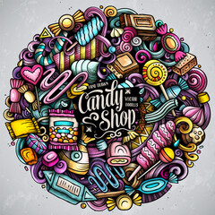 Sweet Candies cartoon vector doodle round illustration.