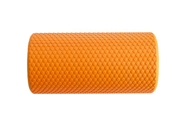 An orange massage foam roller isolated on a white background. Close-up. Foam rolling is a self...