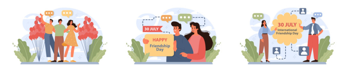 International friendship day set. Cheerful characters celebrating