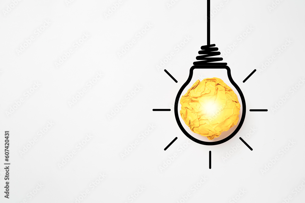 Poster yellow scrap paper ball with illustration painting for virtual lightbulb. it is creative thinking id