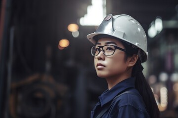 woman industry attractive industrial engineer smile asian helmet portrait business job. Generative AI.