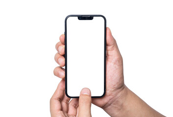 Isolation of Hand holding  blank screen of smartphone on white background with clipping path for mockup advertisement and social icon.
