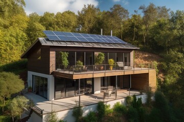 Fototapeta na wymiar solar panels on the roof of eco-friendly home, providing renewable energy, created with generative ai