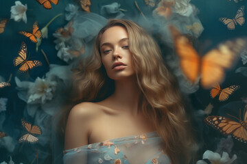 Obraz na płótnie Canvas portrait of a beautifull model woman dreaming in a bucolic scene surrounded by butterflies, alone generative ai illustration