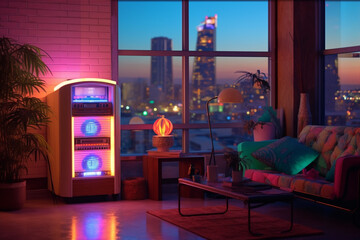 a retro vintage stereo music jukebox, neon vaporwave color mood in a chill iliving room, generative ai illustration set