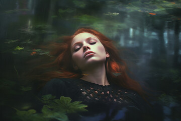 Fototapeta premium portrait of a redhead woman sleeping and dreaming in a bucolic scene, alone generative ai illustration
