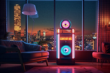 a retro vintage stereo music jukebox, neon vaporwave color mood in a chill iliving room, generative ai illustration set - obrazy, fototapety, plakaty