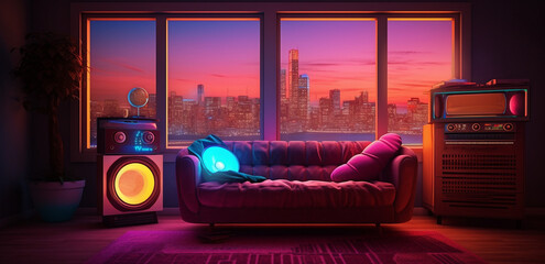 a retro vintage stereo music boom box, neon vaporwave color mood in a chill living room, generative ai illustration set - obrazy, fototapety, plakaty
