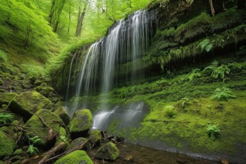 Obraz premium majestic waterfall cascading over moss-covered rock face in verdant forest, created with generative ai