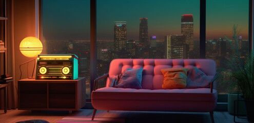 a retro vintage stereo music boom box, neon vaporwave color mood in a chill iliving room, generative ai illustration set