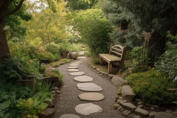 quiet garden retreat, with stone path and benches for meditation, created with generative ai