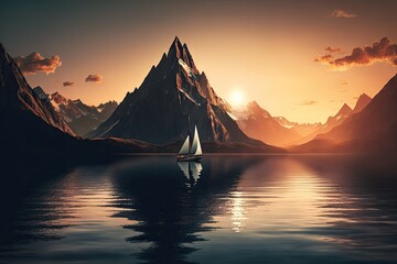 sailboat gliding past majestic mountain range, with the sun setting behind, created with generative ai