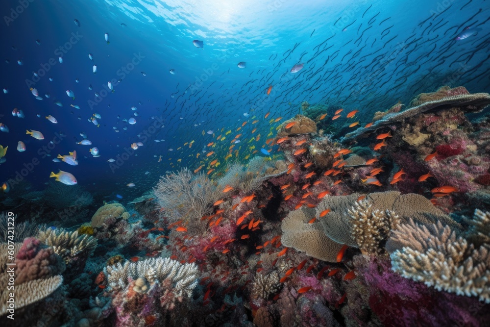 Wall mural coral reef covered in schools of colorful fish and parrotfish, created with generative ai