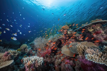 Fototapeta na wymiar coral reef covered in schools of colorful fish and parrotfish, created with generative ai