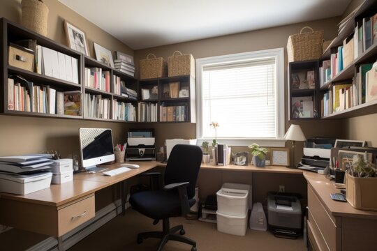 decluttered office with organized desk and tidy bookshelves, created with generative ai