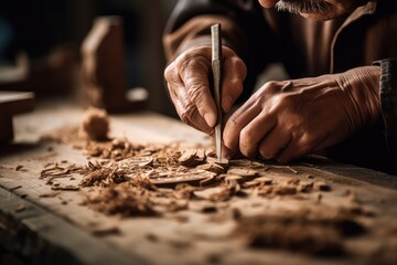 Close up of the hands of a carpenter working.Generative AI 