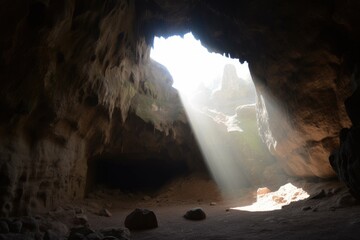 view of cave, with sunlight shining in from the entrance, illuminating its interior, created with generative ai