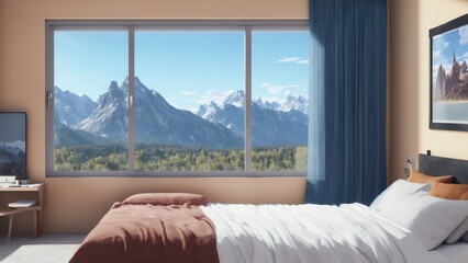 Spacious Bedroom Featuring City Views Through Large Windows. Generative AI