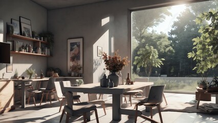 A Minimalist Dining Room With Concrete Flooring. White Wood Lattice Décor On The Walls. And Wooden Furniture. Generative AI