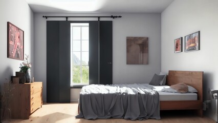 Contemporary Loft Bedroom With Open Door To Garden. Featuring Concrete Tile Floors. Wooden Plank Ceiling. And Light Gray Fabric Furniture. Generative AI