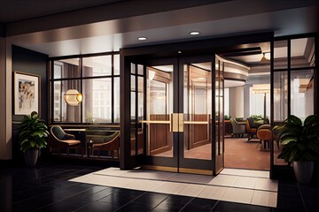 a set of glass doors, with a view of the hotel lobby and check-in counter, created with generative ai