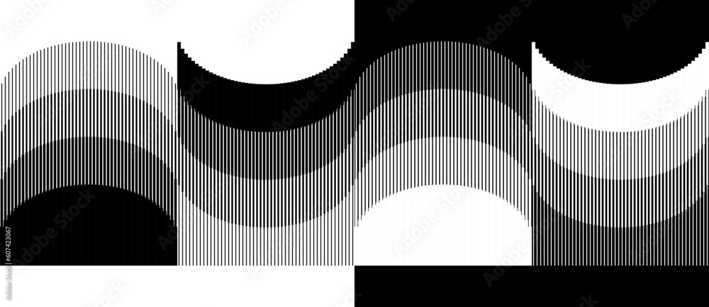 Poster Abstract art geometric background with vertical lines and semicircles. Optical illusion with waves and transition. Black lines on a white background and white lines on the black side.