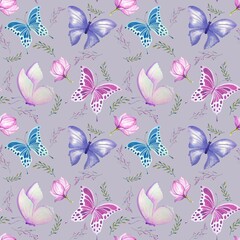 Fototapeta na wymiar Seamless pattern with butterflies and flowers on a multicolored background, pattern butterfly graphic design print.