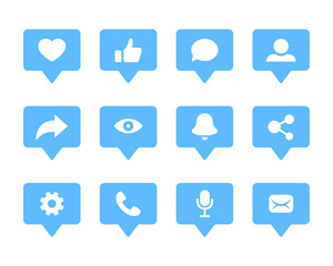 Icons social media interface - like, comment, follower, feedback, share. Social networking notification buttons shape.