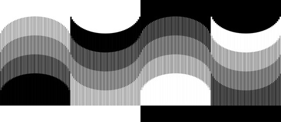 Abstract art geometric background with vertical lines and semicircles. Optical illusion with waves and transition. Black lines on a white background and white lines on the black side.